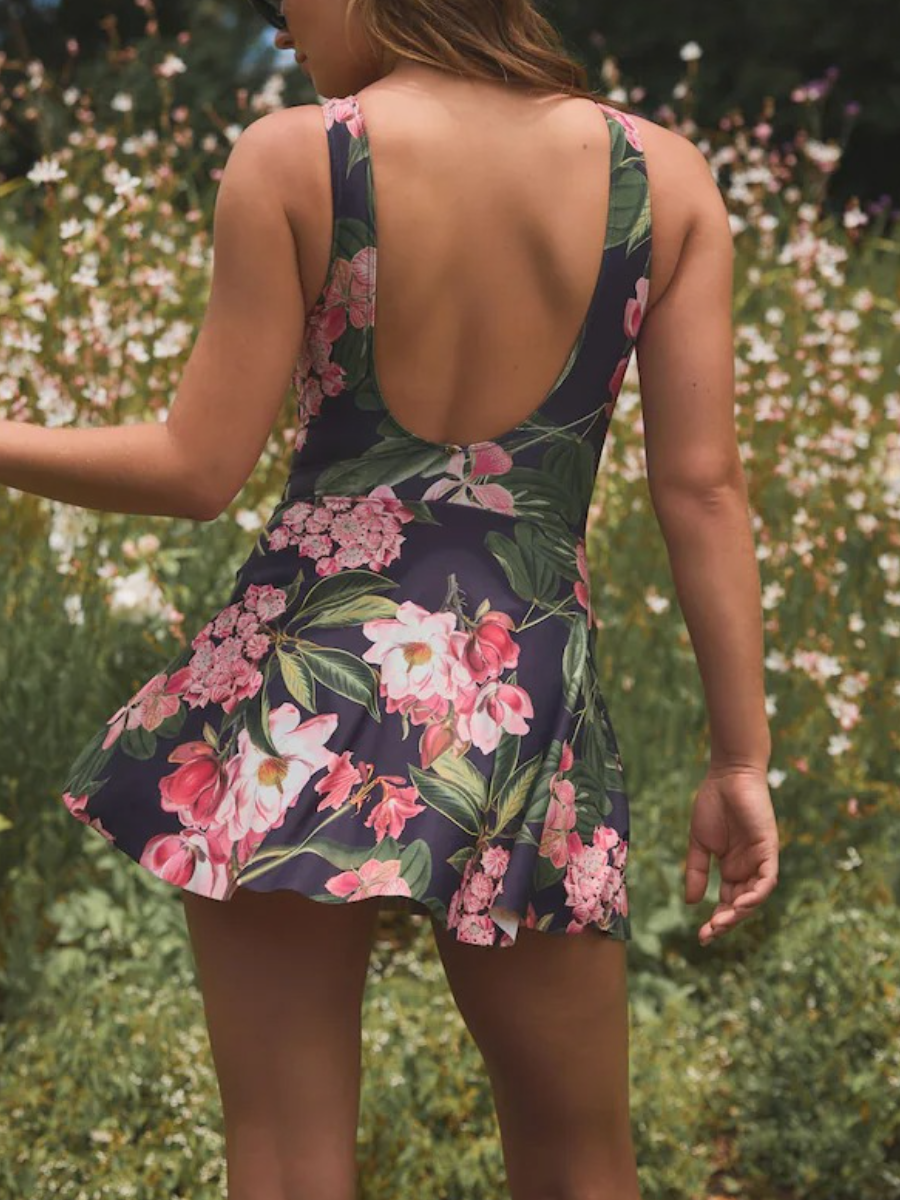 Navy Floral Skirted Swim Dress