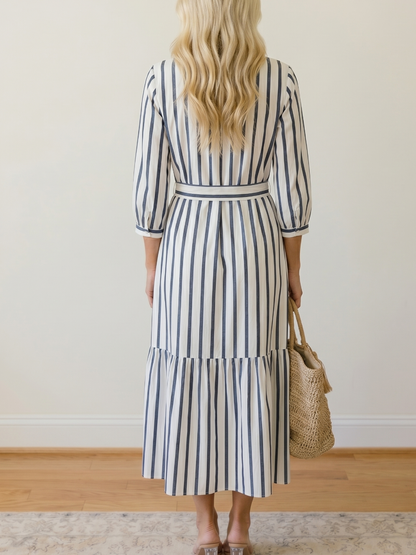 Classic Striped Button-Down Tiered Maxi Dress