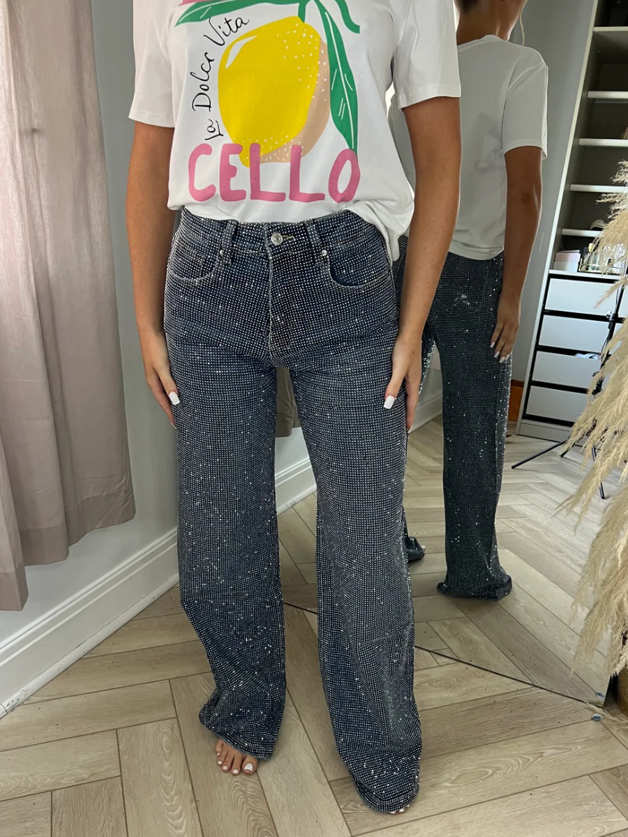 Rhinestone-studded Wide-leg Sparkly Jeans