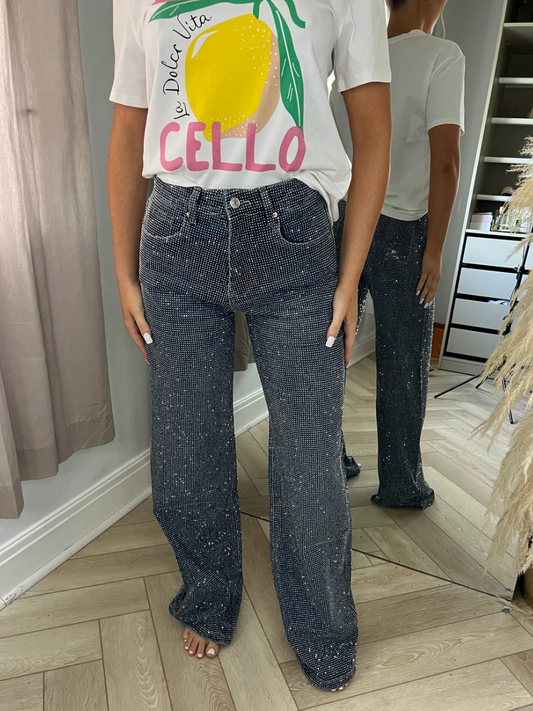 Rhinestone-studded Wide-leg Sparkly Jeans