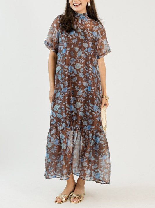 Floral Organza Maxi Dress, Brown