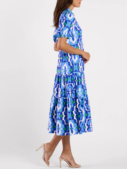 Cobalt Blue Geometric Tile Tiered Midi Dress