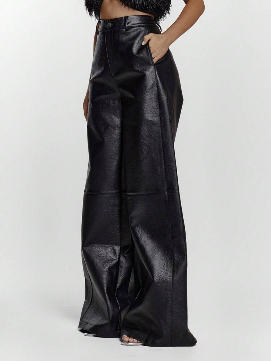 Imitation Leather Wide-Leg Mid-Waist Pants