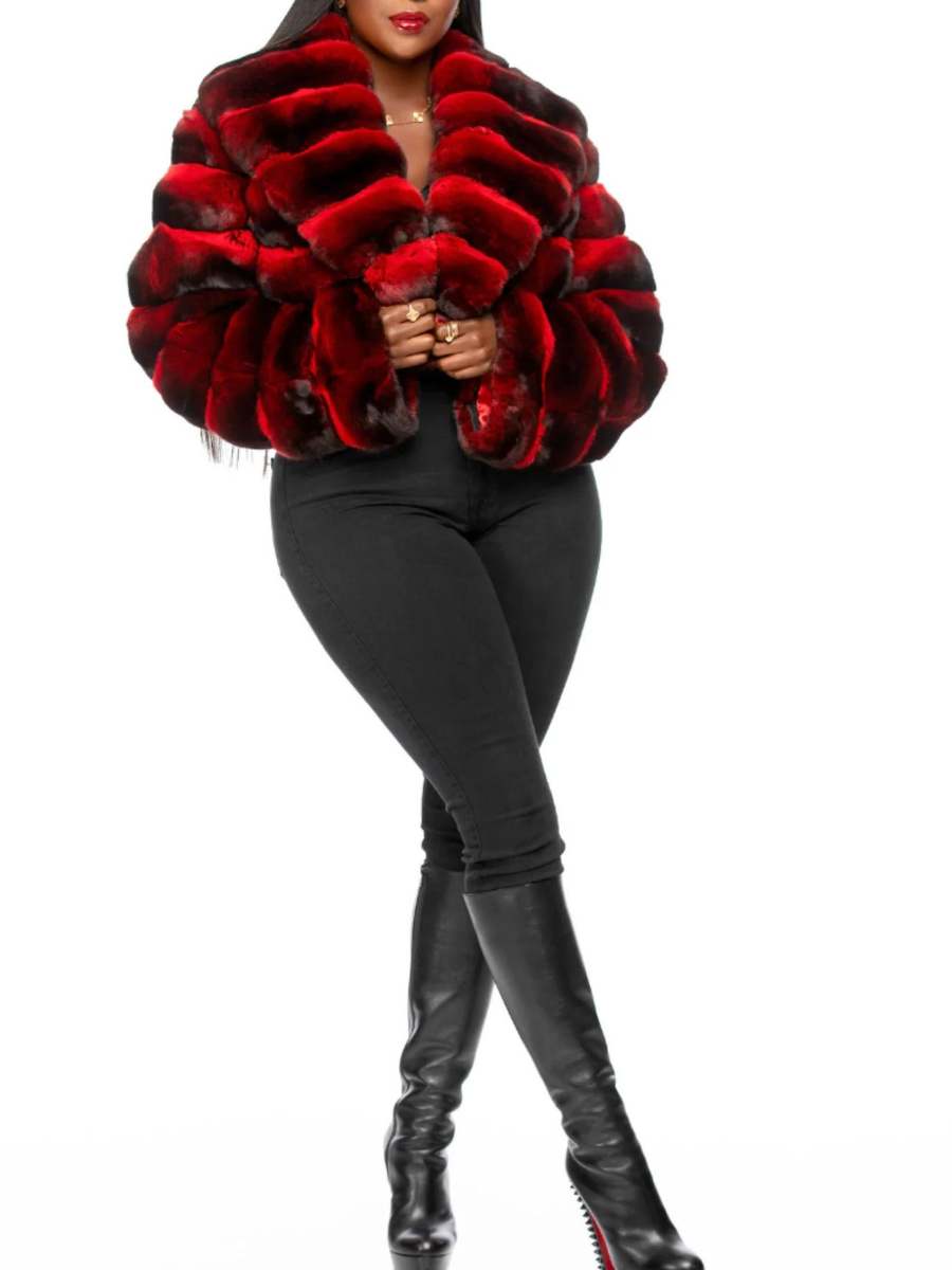 Red-Brown Gradient Patchwork Faux Fur Cropped Coat