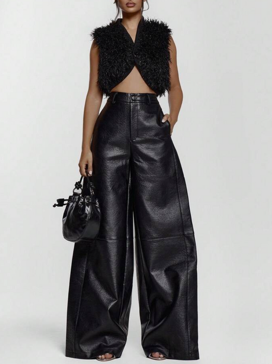 Imitation Leather Wide-Leg Mid-Waist Pants