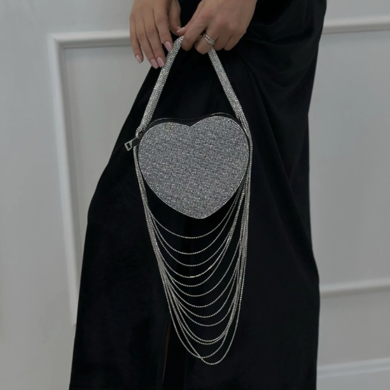 Sparkly Rhinestone Heart Fringe Bag