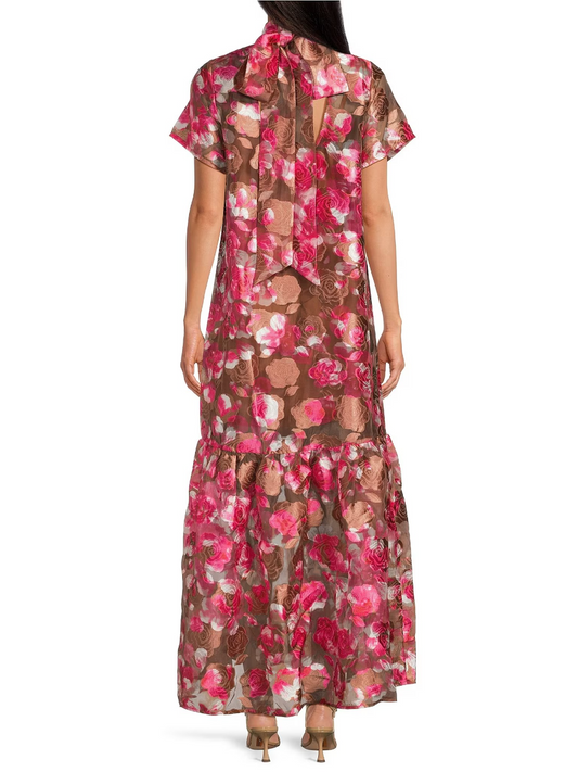 Sheer Floral Jacquard Organza Mock Neck Maxi Dress