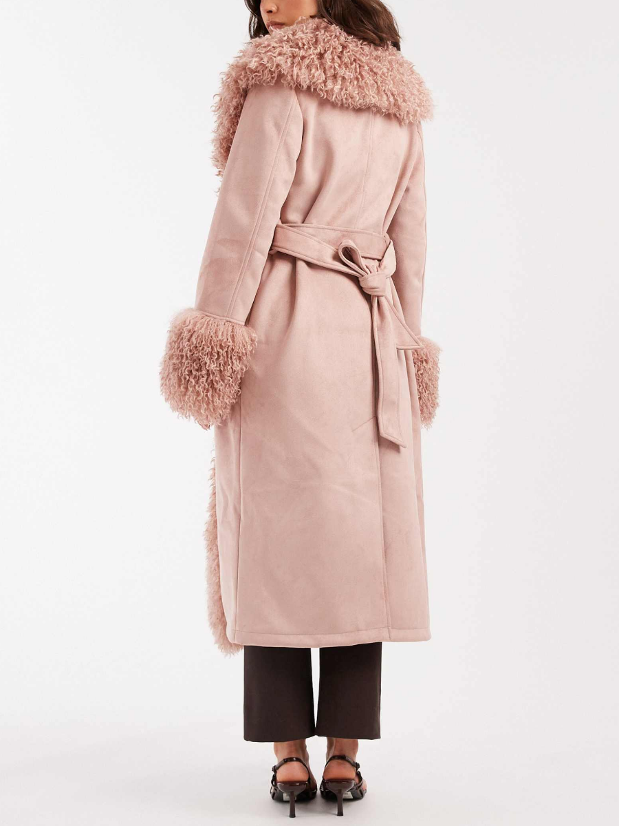 Suedette Faux Mongolian Trim Trench Coat In Soft Pink