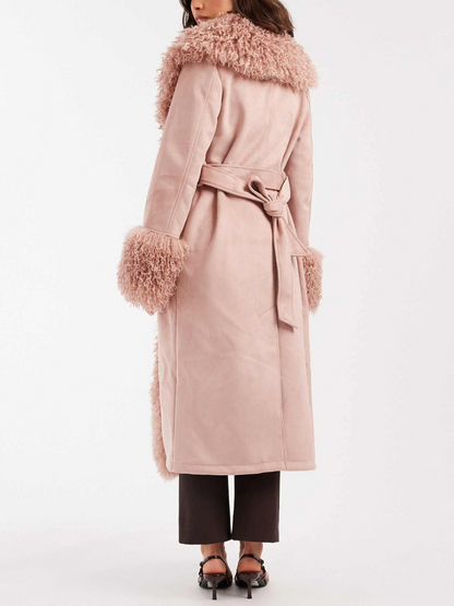 Suedette Faux Mongolian Trim Trench Coat In Soft Pink