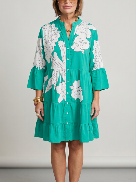 Vibrant Summer | Emerald Green Tiered Floral Midi Dress