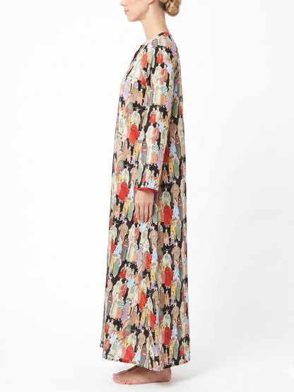 Vintage Hanbok Character Print Long Robe Dress - Black Straight-Cut With Red Piping