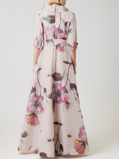 Exquisite Watercolor Floral Print Wrap-Style Evening Gown