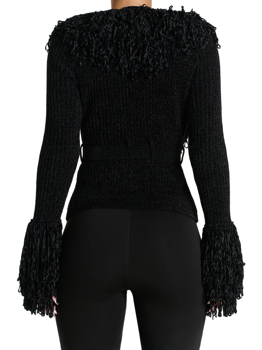 Fringe Tie Waist Deep V Neck Cardigan