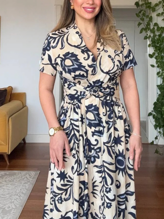Navy Floral-Print Twisted Front Midi Dress