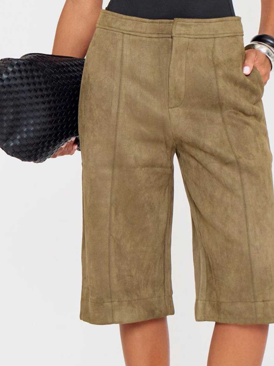 Mid Rise Tailored Jorts In Khaki Green Faux Suede