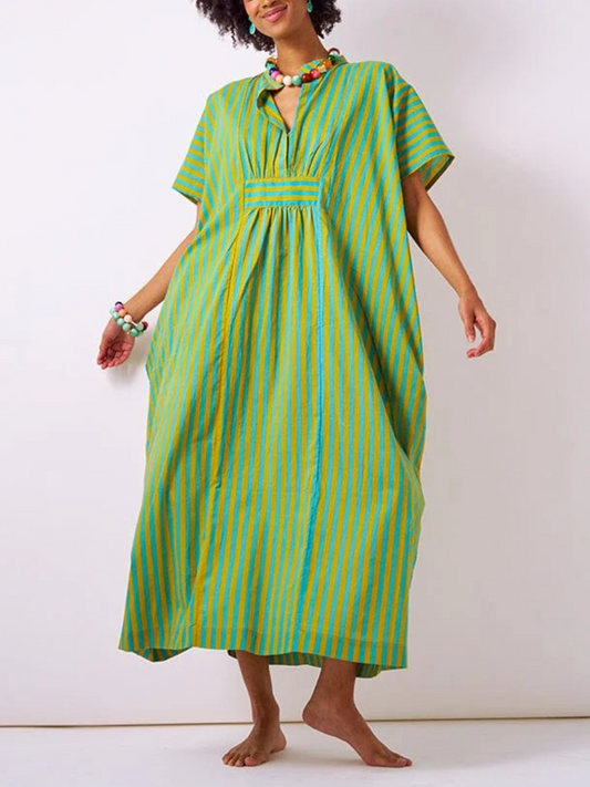 Margot Striped Kaftan Dress In Aqua & Chartreuse