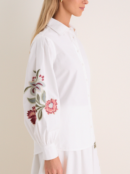 White Botanical Embroidered Two-Piece Set | Puff Sleeve Button-Down & High-Waist Skirt
