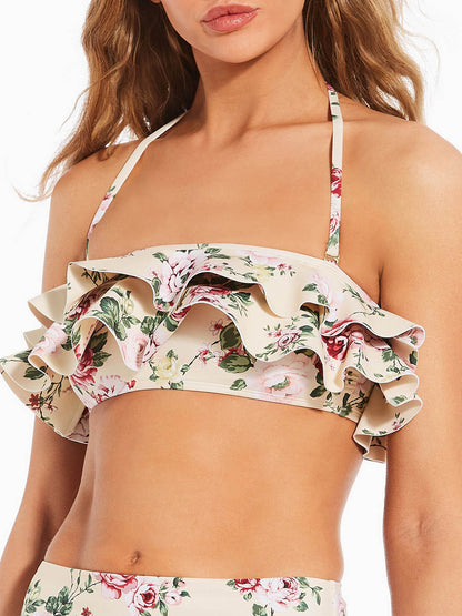 Floral Print Ruffle Bandeau Swim Top & High Waisted Swim Bottom