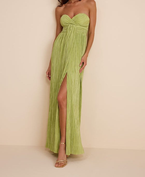 Satin Plisse Strapless Maxi Dress