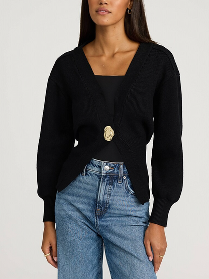 Gold Button V-Neck Banded Cardigan