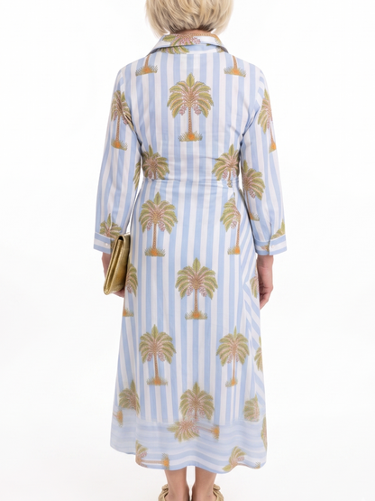 Blue & White Striped Palm Tree Print Tie-Waist Shirt Dress