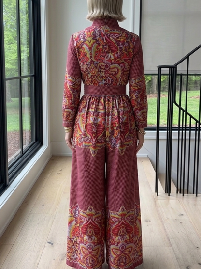 Vintage Paisley Print Long Sleeve Wide-Leg Jumpsuit With Belt
