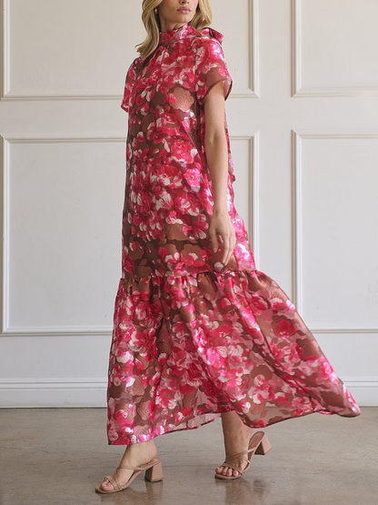 Sheer Floral Jacquard Organza Mock Neck Maxi Dress