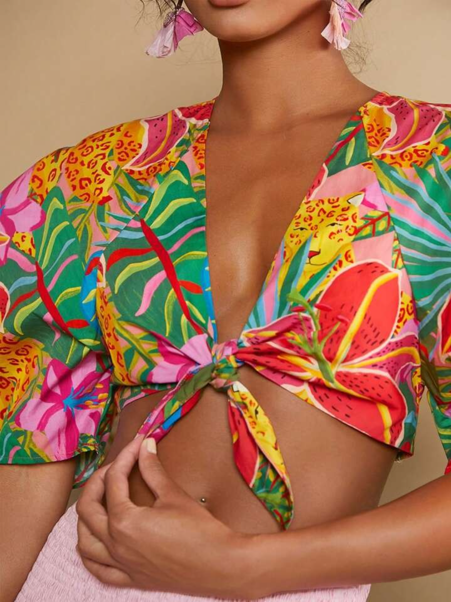 Tropical Print Puff Sleeve Knot Front Crop Suit