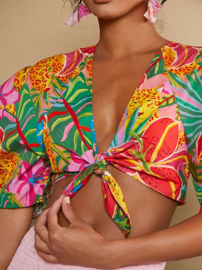 Tropical Print Puff Sleeve Knot Front Crop Suit