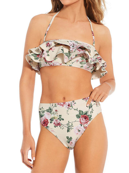Floral Print Ruffle Bandeau Swim Top & High Waisted Swim Bottom