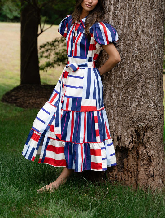 Multicolored Puffed-Sleeve Dress