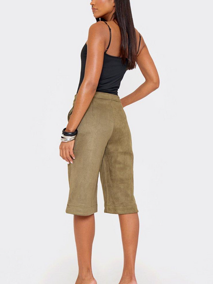 Mid Rise Tailored Jorts In Khaki Green Faux Suede