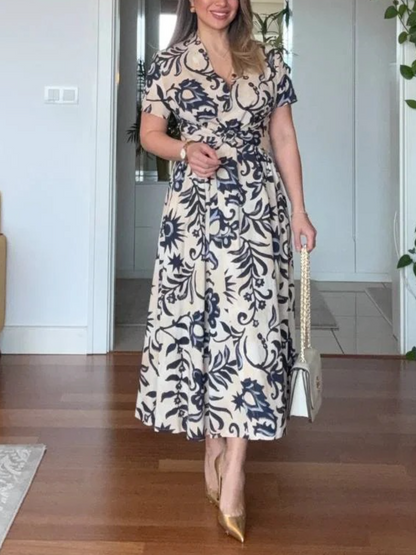 Navy Floral-Print Twisted Front Midi Dress