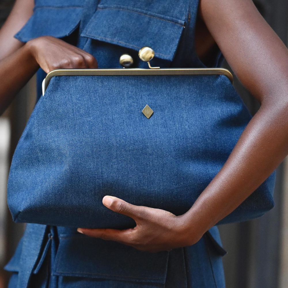 Vintage Gold-Frame Denim Evening Clutch