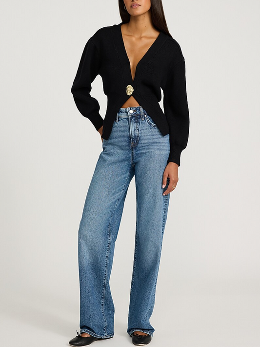 Gold Button V-Neck Banded Cardigan