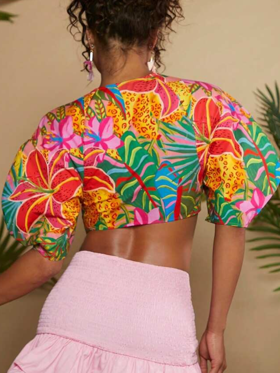 Tropical Print Puff Sleeve Knot Front Crop Suit