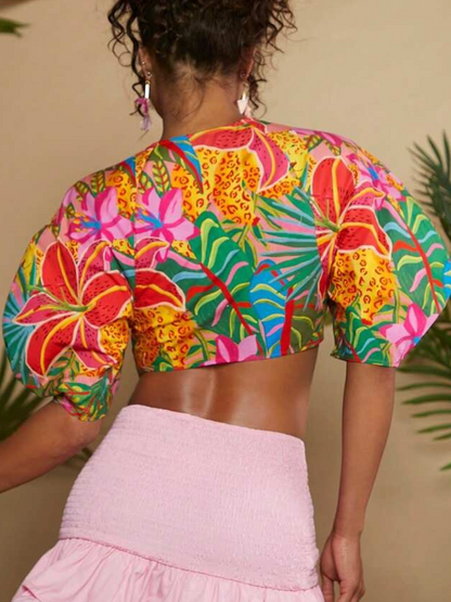 Tropical Print Puff Sleeve Knot Front Crop Suit