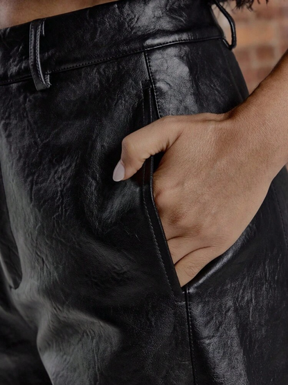 Imitation Leather Wide-Leg Mid-Waist Pants