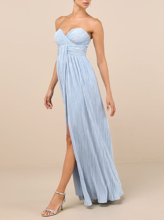 Satin Plisse Strapless Maxi Dress