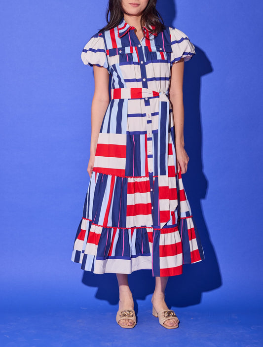 Multicolored Puffed-Sleeve Dress