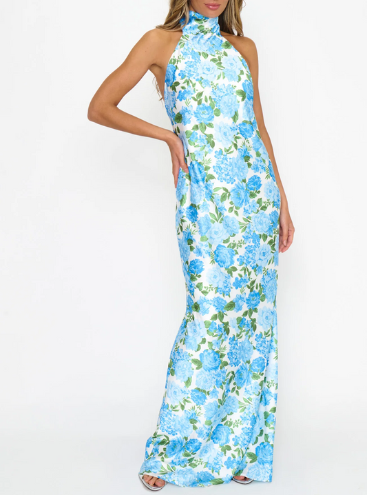 Blue Printed Bow Maxi Dress