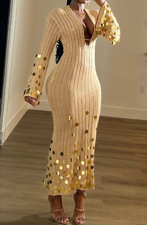 Camel Sequin Slim Dress