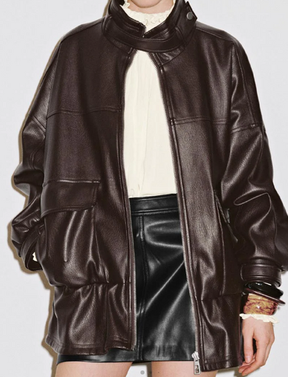 Burgundy Stand Collar Leather Jacket