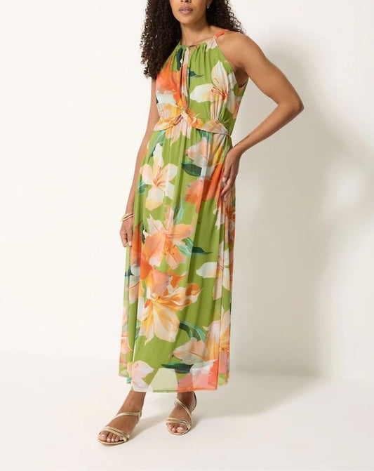 Green Floral Knot Front Maxi Dress