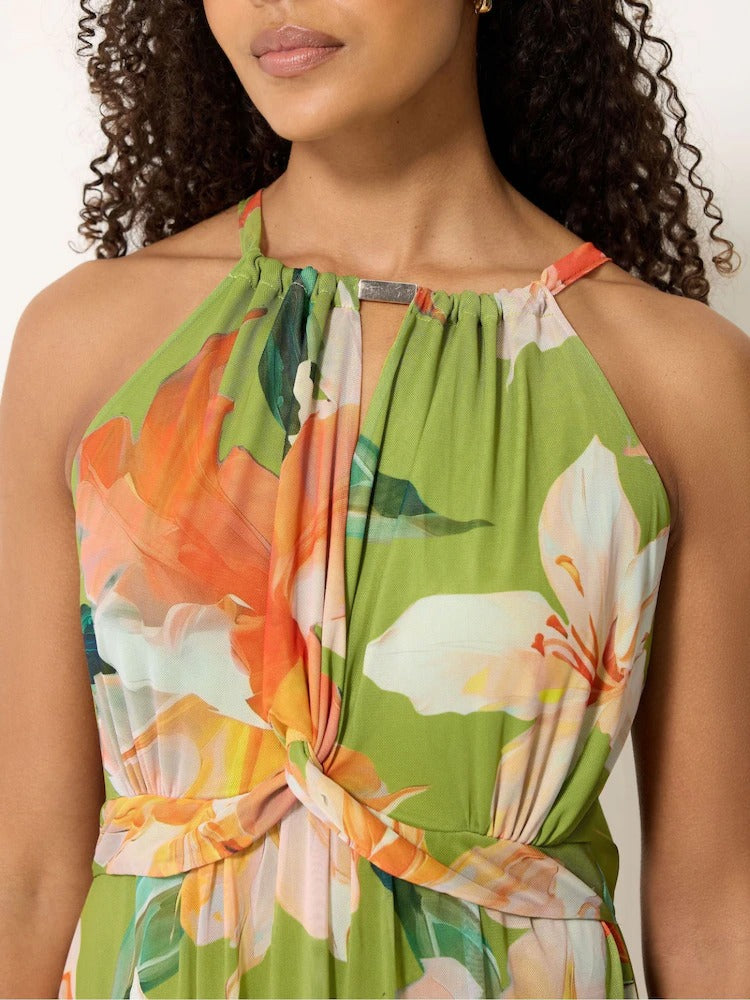 Green Floral Knot Front Maxi Dress