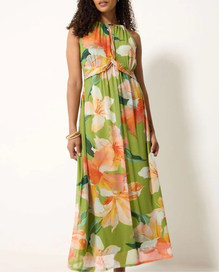 Green Floral Knot Front Maxi Dress