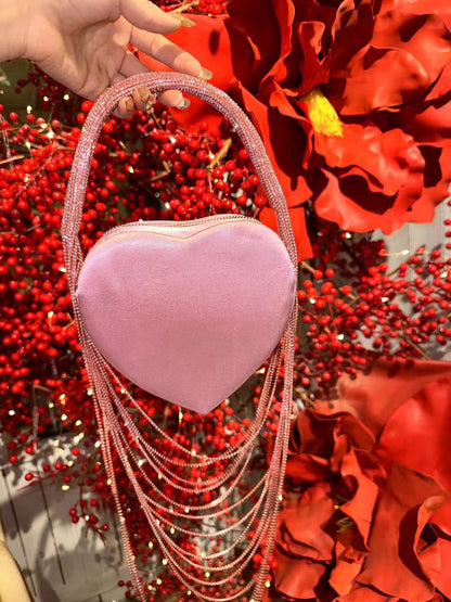 Sparkly Rhinestone Heart Fringe Bag