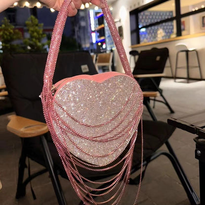 Sparkly Rhinestone Heart Fringe Bag