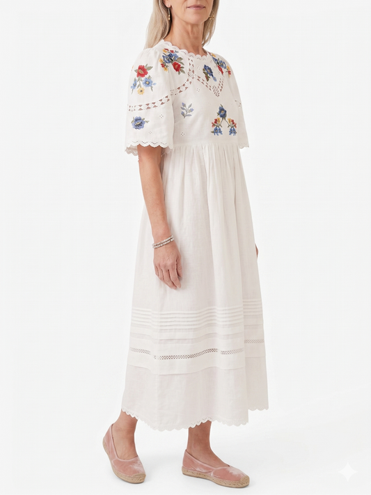 Cottagecore Embroidered Empire Waist Midi Dress