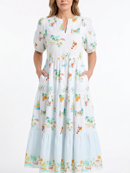 Notched V-Neck Tropical Print Puff Sleeve Midi Dress